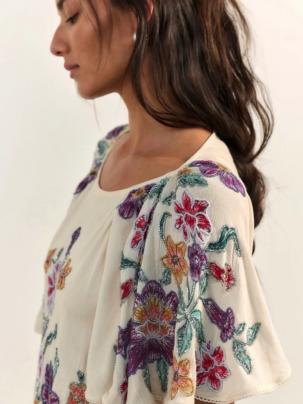 Free People Cream Embroidered Floral Shift Dress with Purple & Pink Accents